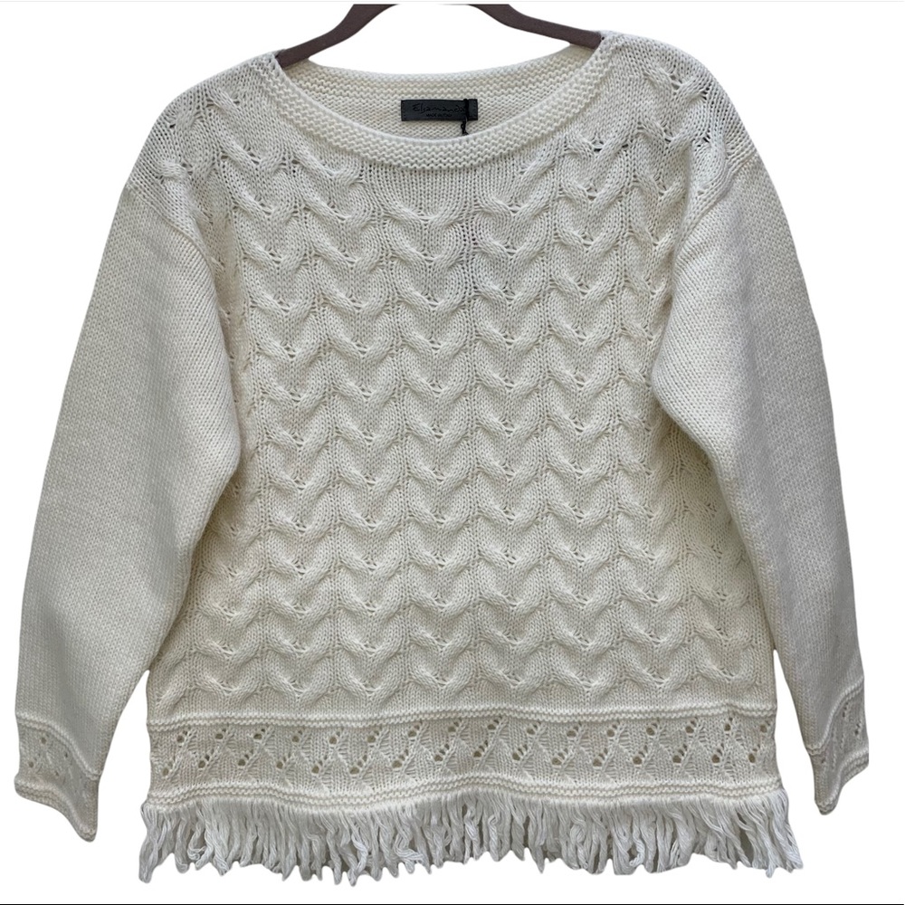 Anthropologie Rare Elsamanda White Pullover Sweater with Fringe Size Large